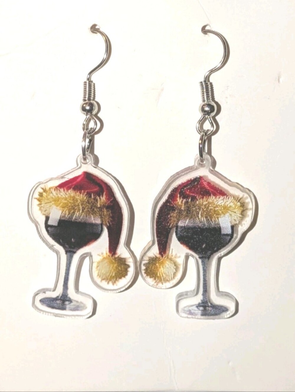 Hand Crafted Holiday Wine Glass Santa Hat Acrylic Dangle Earrings - Picture 3 of 6